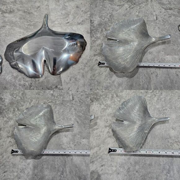 Set Of 3 Modern Style Silver Tone Aluminum Ginkgo Leaf Trinket Catchall Tray - Picture 8 of 9